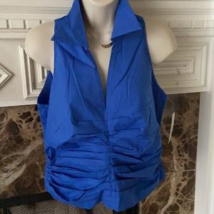 ROYAL BLUE V-NECK COLLARED  FITTED RUCHED HALTER SLEEVELESS CROP TOP